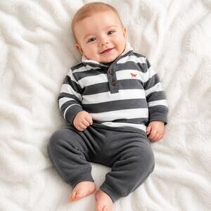 Carter’s Baby Boy Striped Fleece Pullover Pant Set 3M NWT Grey White
